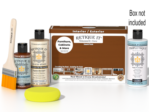Retique It Multi-purpose Smooth Finish Kit in Cherry for interior wood projects, with wood top coat and application tools.