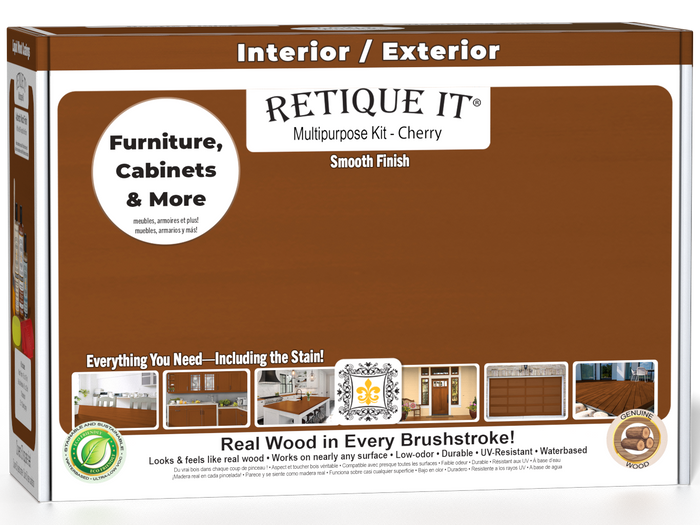 Retique It Multi-purpose Smooth Finish Kit in Cherry for interior wood projects, featuring top coat and finishing supplies.