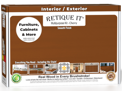 Retique It Multi-purpose Smooth Finish Kit in Cherry for interior wood projects, featuring top coat and finishing supplies.