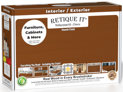 Retique It Multi-purpose Smooth Finish Kit in cherry for interior wood top coating, includes brushes and finishing tools.