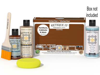 Retique It multi-purpose cherry finish kit with interior top coat and wood finishing tools, shown in the box.