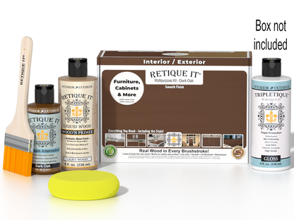 Retique It Multi-purpose Smooth Finish Kit in Dark Oak for interior wood projects, includes top coat and application tools.