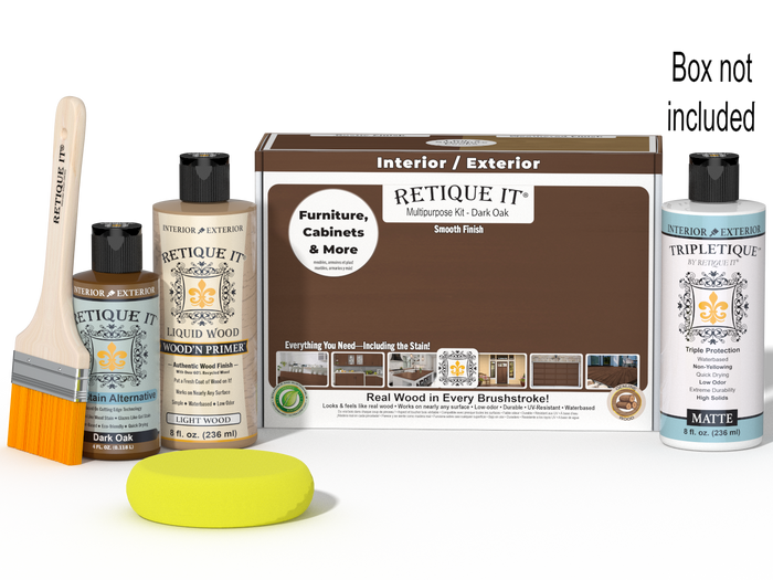 Retique It Multi-purpose Smooth Finish Kit in Dark Oak for interior wood, includes top coat and matte finish, with packaging box.