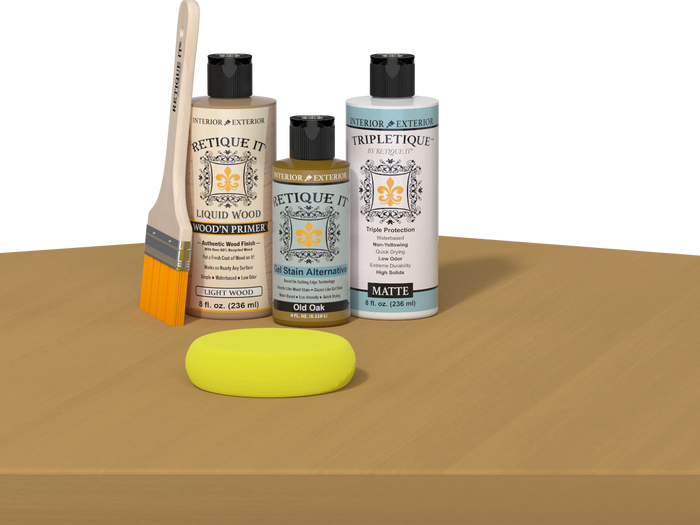 Retique It Multi-purpose Smooth Finish Kit in Old Oak for interior wood projects, featuring satin top coat and wood finish accessories.