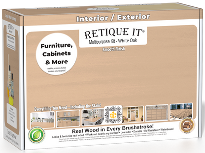 Retique It White Oak multi-purpose wood finish kit with exterior top coat in matte finish, including brushes and applicators.
