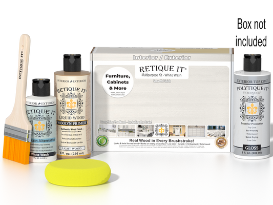 Retique It Multi-purpose Smooth Finish Kit in White Wash for exterior wood surfaces, includes top coat and application tools.