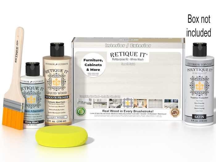 Retique It Wood'n Finish Kit in White Wash for exterior top coat, showing a finish palette and application tools.