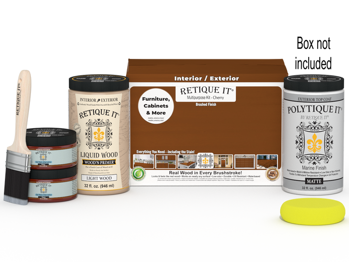 Large Cherry wood finish kit by Retique It with exterior top coat, smooth matte finish for multi-purpose woodworking projects.
