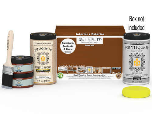 Large Cherry wood finish kit by Retique It with exterior top coat, smooth matte finish for multi-purpose woodworking projects.