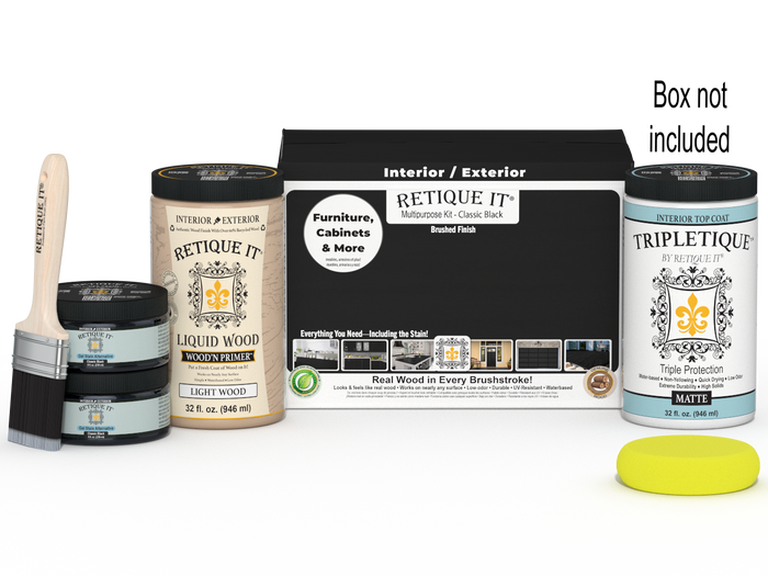 Large Black wood finish kit by Retique It with interior top coat in sleek black, featuring brushes and finishing supplies.