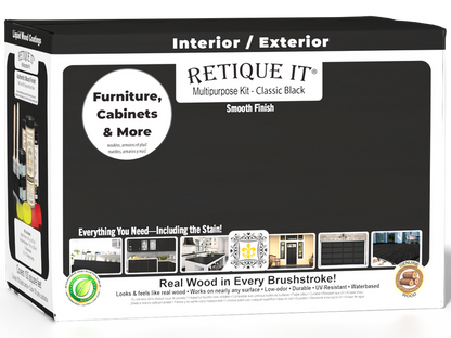 Retique It Multi-purpose Smooth Finish Kit Large in Classic Black for interior wood top coating, includes finish and application tools.