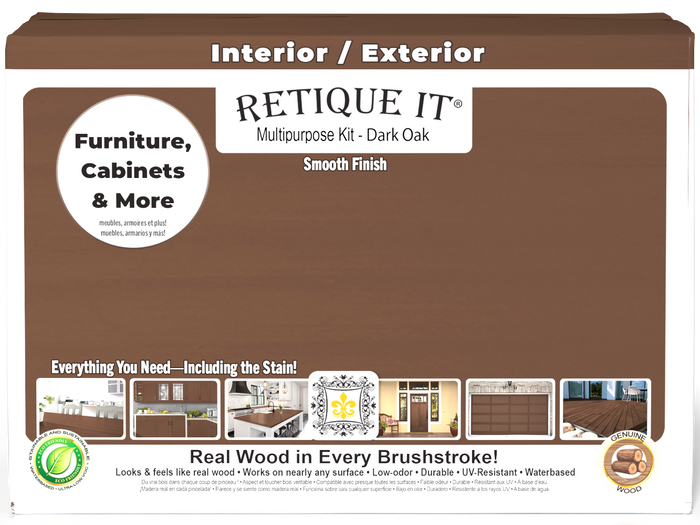 Retique It Multi-purpose Smooth Finish Kit in Dark Oak for interior wood projects, featuring large wood top coat kit with applicator tools.