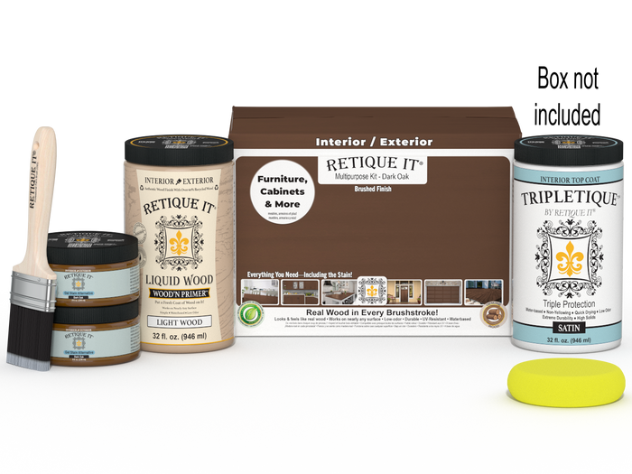 Large Dark Oak wood finish kit by Retique It with interior top coat and tools for smooth wood surface application.