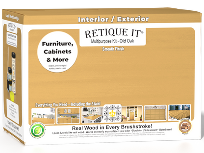 Retique It Multi-purpose Smooth Finish Kit (Large) in Old Oak for exterior top coat with matte finish, wood finishing tools included.
