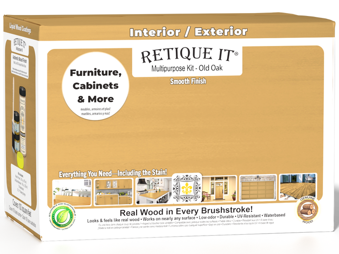 Retique It Multi-purpose Smooth Finish Kit (Large) in Old Oak, featuring interior top coat and wood finishing components in a box.
