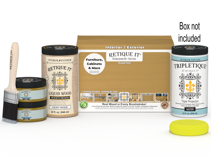 Retique It Large Multi-purpose Smooth Finish Kit in Old Oak for interior wood projects, includes top coat and application tools.