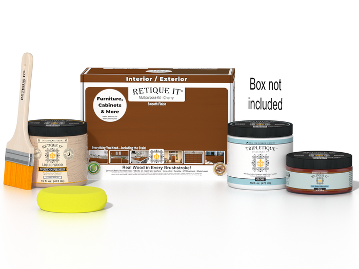 Retique It Multi-purpose Smooth Finish Kit in Cherry for interior wood projects, includes top coat with gloss finish and application box