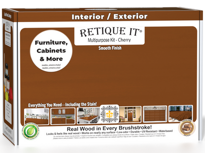 Retique It Multi-purpose Smooth Finish Kit (Med) in cherry for interior wood top coating, shown in box with applicator tools.