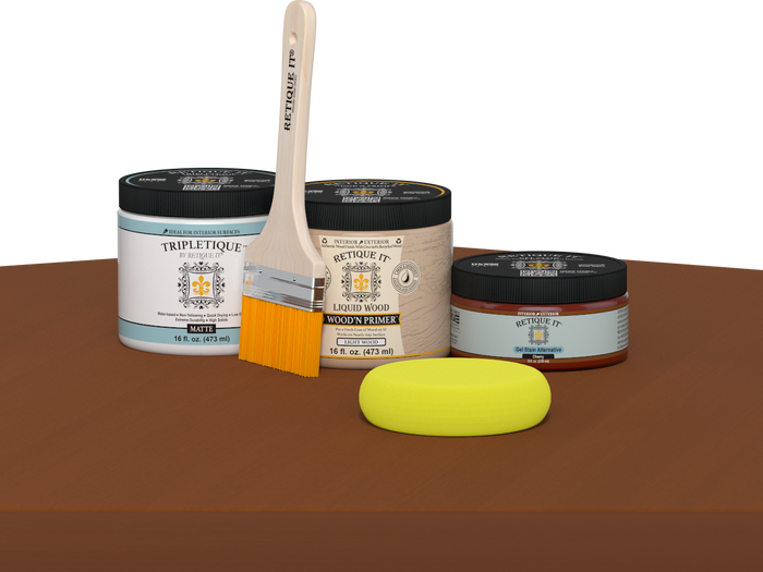 Retique It Multi-purpose Smooth Finish Kit in Cherry for interior wood projects, featuring a matte top coat and precise application tools.
