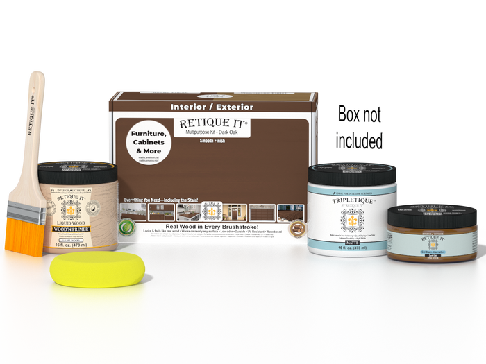 Retique It Dark Oak Multi-purpose Smooth Finish Kit for interior wood top coats, includes application tools and product packaging