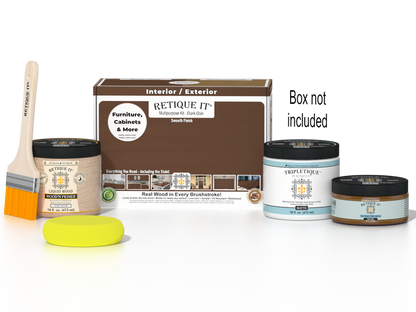 Retique It Dark Oak Multi-purpose Smooth Finish Kit for interior wood top coats, includes application tools and product packaging