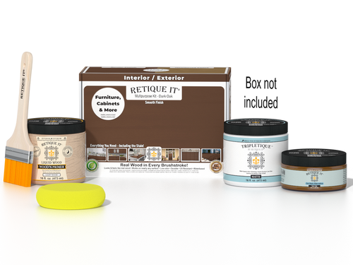Retique It Dark Oak Multi-purpose Smooth Finish Kit for interior wood top coats, includes application tools and product packaging