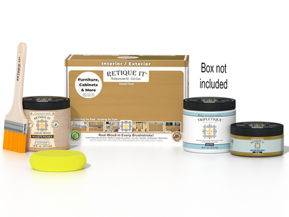 Retique It Multi-purpose Smooth Finish Kit in Old Oak for interior wood top coating, shown with application tools and wood sample.