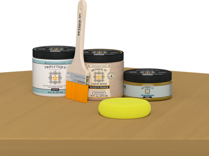 Retique It Multi-purpose Smooth Finish Kit in Old Oak for interior wood projects, with matte top coat and application tools.