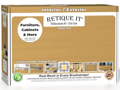 Retique It Multi-purpose Smooth Finish Kit in Old Oak for interior wood top coating, shown in box with tools and product containers.