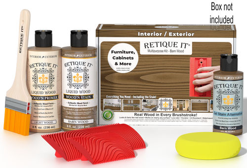 Retique It Wood'n Finish Kit in Barn Wood with applicator brush and finishing supplies for multi-purpose wood finishing.