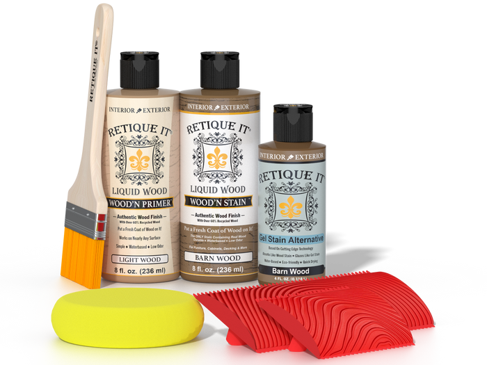 Retique It Wood'n Finish Kit in Barn Wood with multiple tools and finishes for multi-purpose woodworking projects.