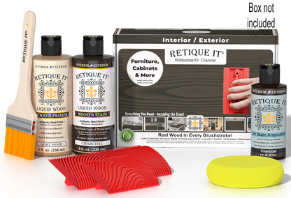 Retique It Wood'n Kit in charcoal finish, multi-purpose wood finishing kit with brushes and tools in a box.