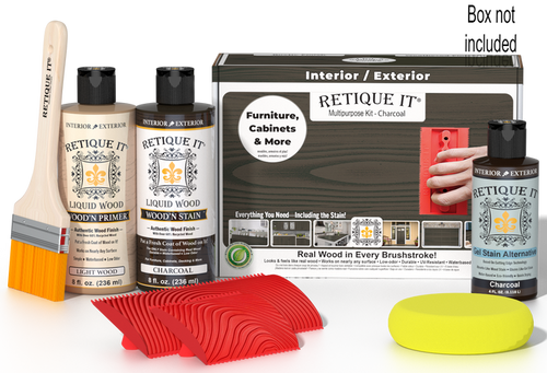 Retique It Wood'n Kit in charcoal finish, multi-purpose wood finishing kit with brushes and tools in a box.