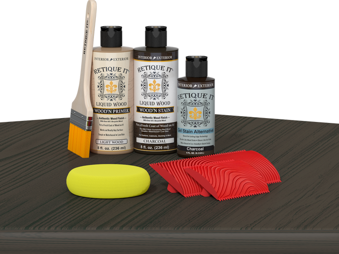 Retique It Wood'n Kit Charcoal finish showing a multi-purpose wood finishing kit on a table.