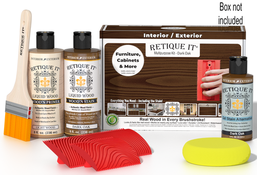 Retique It Wood'n Kit in Dark Oak finish, versatile wood finishing kit with tools and supplies for woodworking projects.