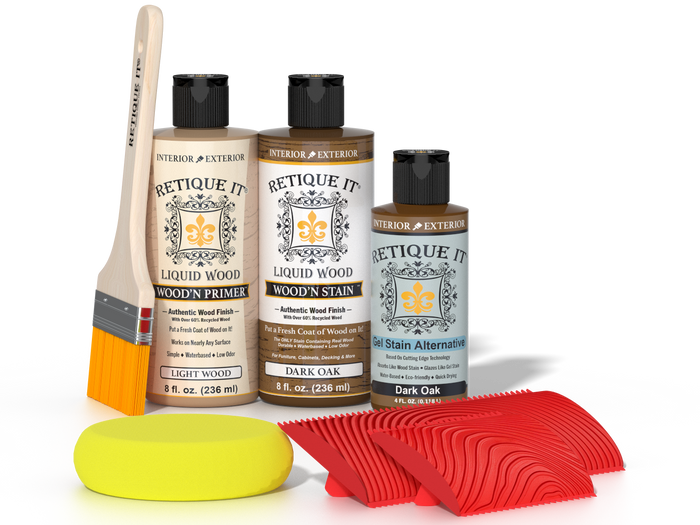 Retique It Wood'n Kit in Dark Oak finish, multi-purpose wood finishing kit with applicators and wood stain in a 3D image.