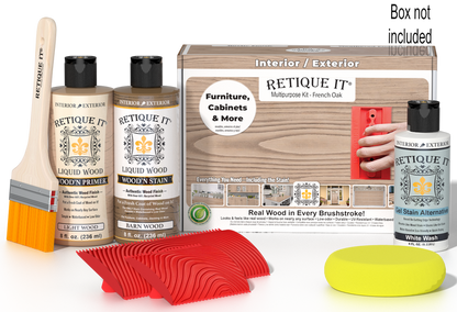 Retique It Wood'n Finish Kit in French Oak for multi-purpose wood finishing, featuring a box with various wood stain and finish products.