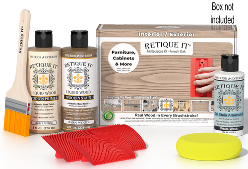 Retique It Wood'n Finish Kit in French Oak for multi-purpose wood finishing, featuring a box with various wood stain and finish products.