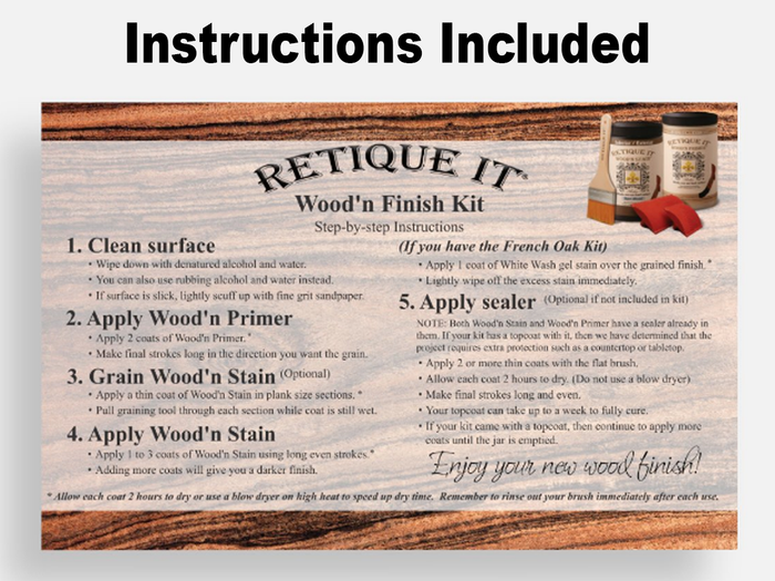 Front view of Retique It Wood'n Finish Kit in French Oak, showing application instructions and product packaging.