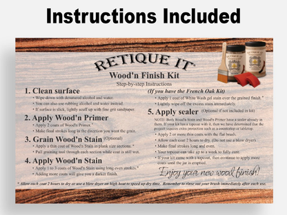 Front view of Retique It Wood'n Finish Kit in French Oak, showing application instructions and product packaging.