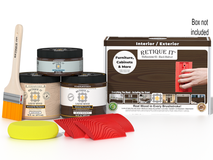 Black Walnut Wood'n Finish Kit by Retique It in medium size, includes wood finish products and application tools with box.