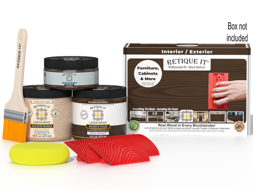Black Walnut Wood'n Finish Kit by Retique It in medium size, includes wood finish products and application tools with box.