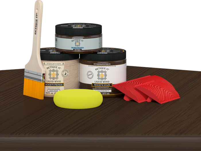 Retique It Wood'n Finish Kit in Black Walnut, medium-sized, with wood stain and finish products on a table.