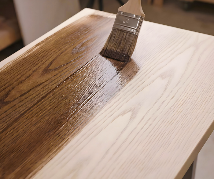 Wooden surface being painted with a brush