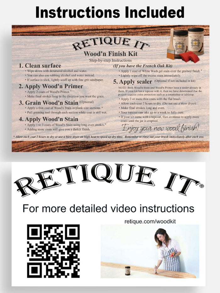 Retique It Wood'n Finish Kit in black walnut, with instruction sheet showing steps for applying the multi-purpose wood finish.