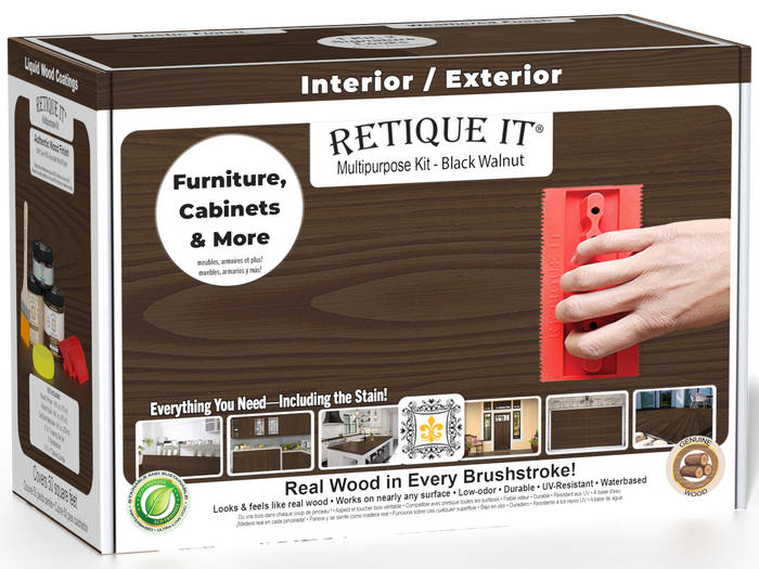 Retique It Multi-purpose Wood'n Kit in Black Walnut, medium-sized finish kit with wood stain and finish components in a box.