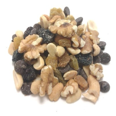 My Mix includes: dry roasted peanut halves, dark chocolate chips, golden raisins, flame raisins, Walnuts, and roasted no salt cashew pieces