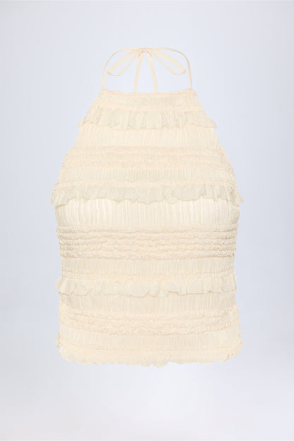 Ruffled High-Neck Backless Top in Ivory