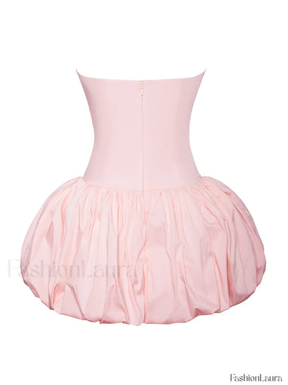 Oletta Pink Corset Strapless Graceful Bubble Hem Mini Dress