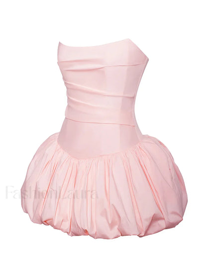 Oletta Pink Corset Strapless Graceful Bubble Hem Mini Dress